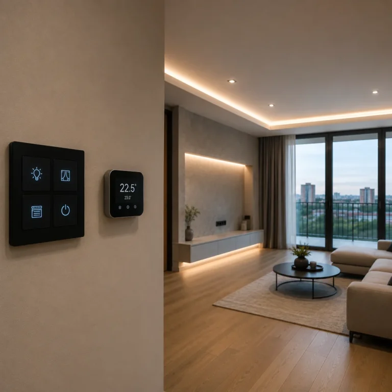 Apartament nou cu finisaje moderne, întrerupătoare smart și termostat inteligent integrat pentru automatizarea iluminatului și climatizării.