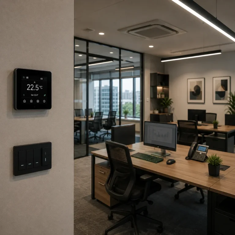 Birou existent modernizat cu sistem Smart Office, termostat inteligent și întrerupătoare smart montate discret pentru automatizare fără renovări majore.