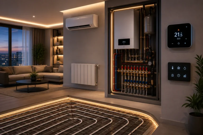 Control inteligent al încălzirii și climatizării într-un apartament modern pentru confort și eficiență energetică.