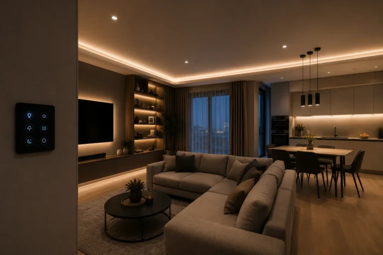 Sistem de iluminat inteligent într-un apartament modern cu control din aplicație și automatizări personalizate.