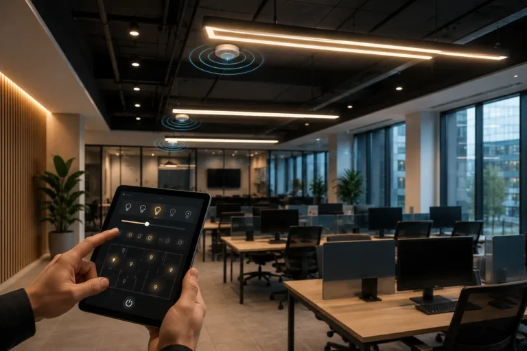 Iluminat inteligent într-un birou modern, cu control automat pe zone, scenarii de lucru și automatizări Smart Office.