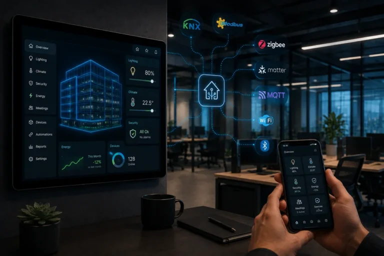 Platformă Smart Office cu Home Assistant, KNX, Modbus, Zigbee, Matter și MQTT pentru control centralizat al tuturor sistemelor din birou.