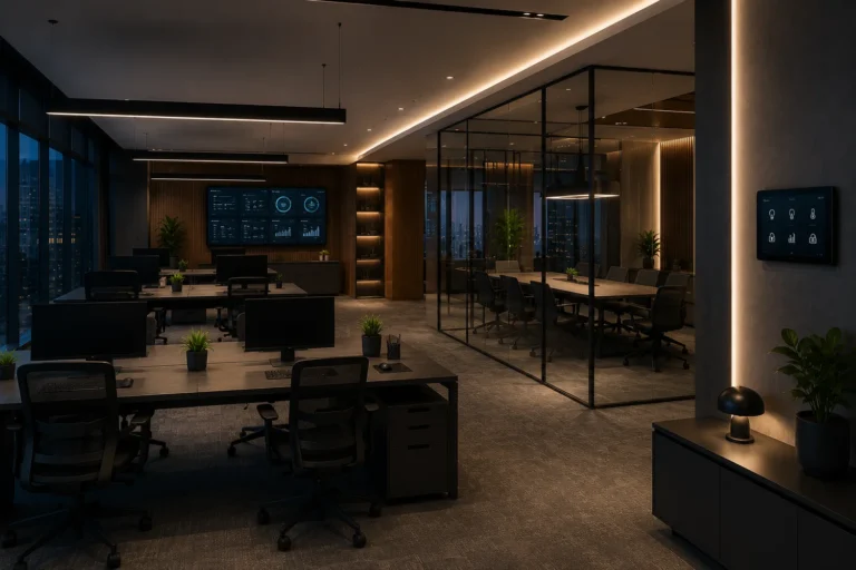 Birou Smart Office modern cu iluminat inteligent, sală de ședințe din sticlă, platformă de automatizare și control centralizat pentru spații de lucru.