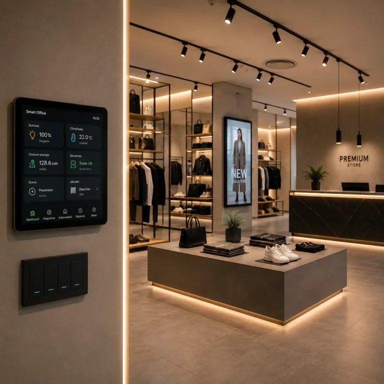 Showroom modern cu sistem Smart Office, iluminat inteligent, panou de control discret și automatizări pentru eficiență energetică și administrare centralizată.